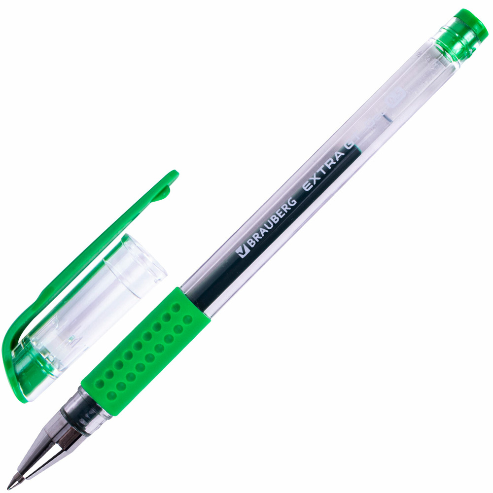Ручка гелевая зеленая с грипом EXTRA GT узел 0,5 мм, линия 0,35 мм, BRAUBERG 143922