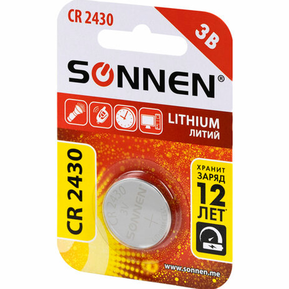 Элемент питания SONNEN Lithium, CR2430 1 шт таблетка, дисковая, кнопочная