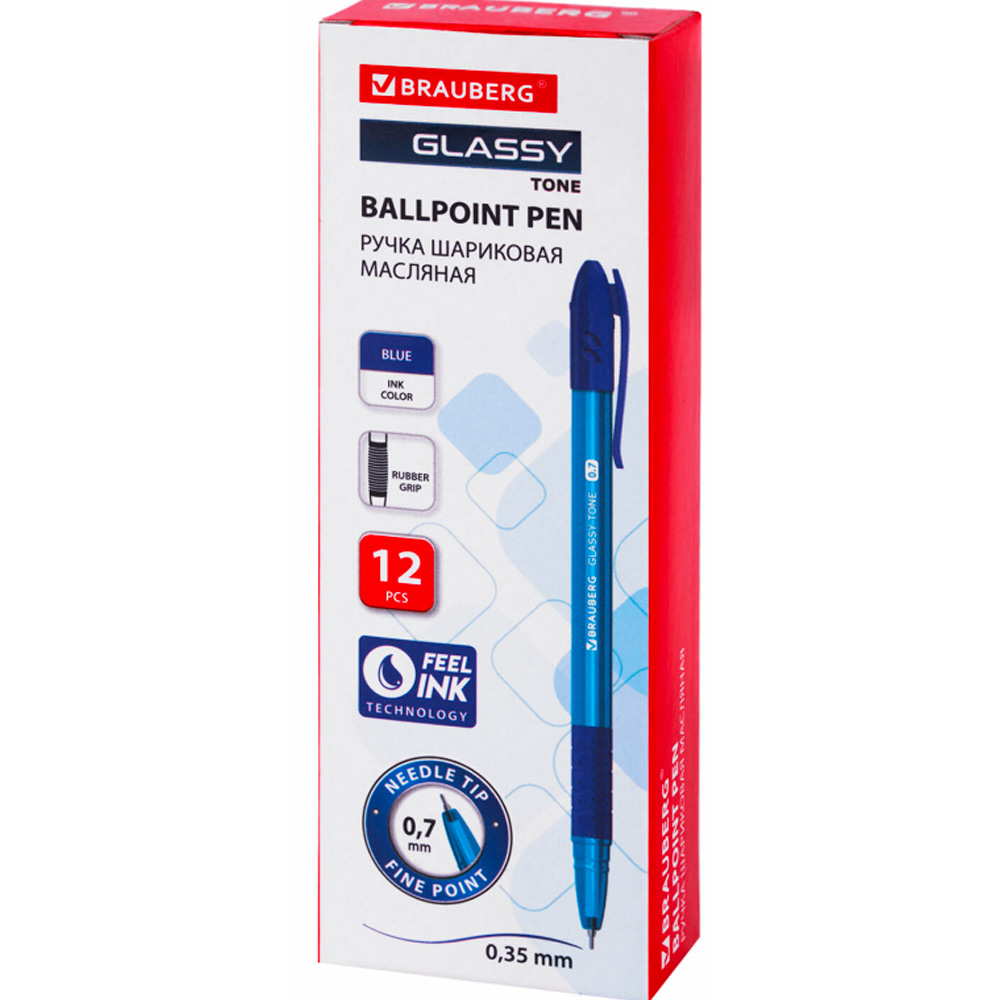 Ручка шариковая масляная с грипом синяя GLASSY TONE 0,7мм, линия 0,35мм BRAUBERG 144108