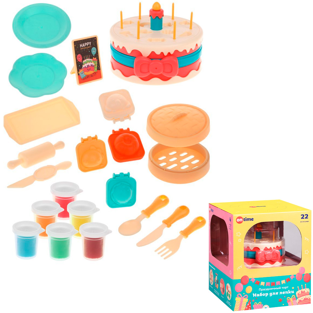 Набор для творчества Праздничный торт тесто 6 цветов,  260 г, пластиковый торт 22 аксессуара 45090