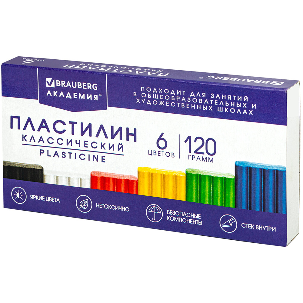 Пластилин 6 цв. Академия хит 120гр. со стеком 106440 BRAUBERG.