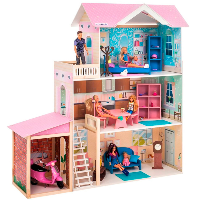 Деревянный дом кукольный Розали Гранд с меб. 11 предметов в наборе и с гаражом, для кукол 30 см PD318-11
