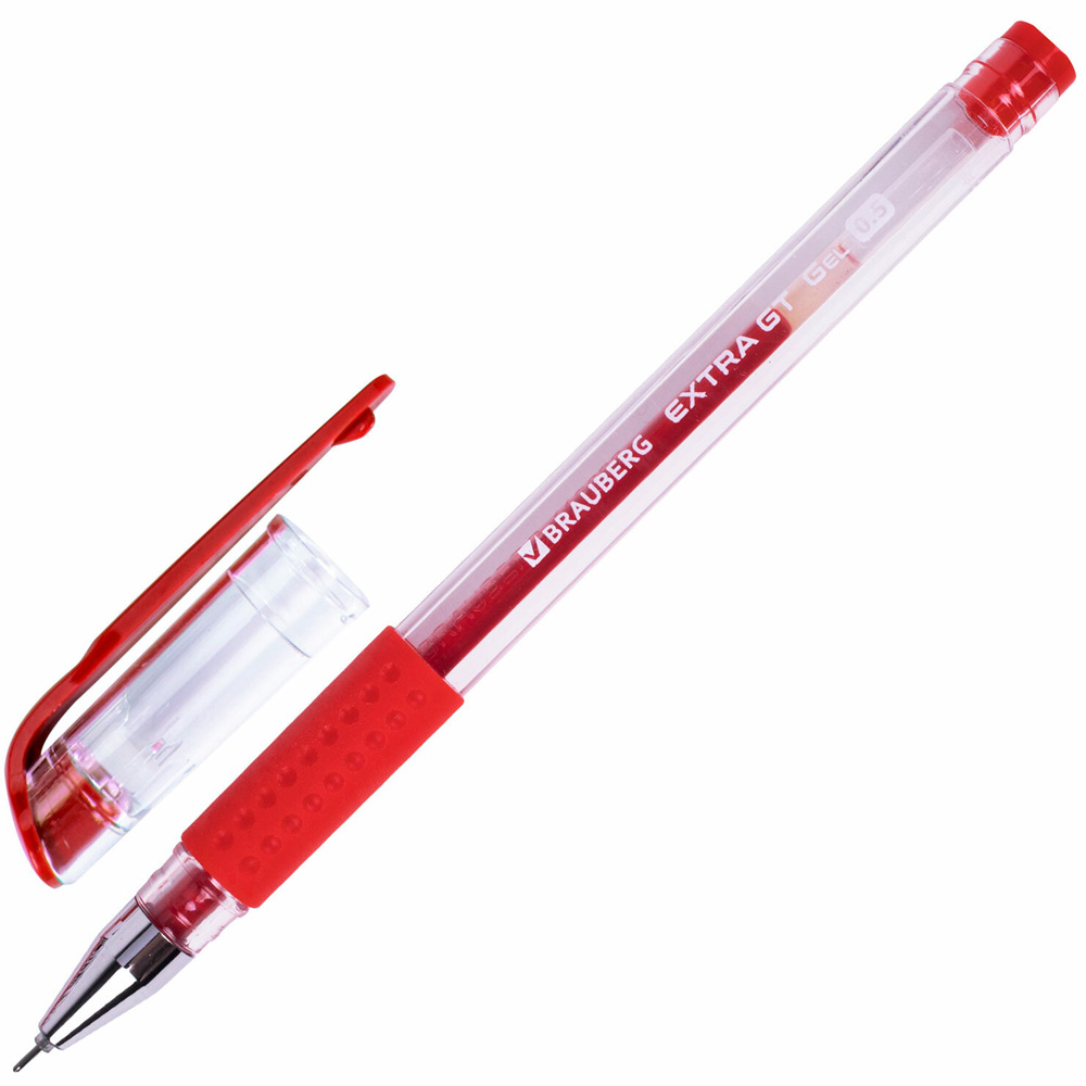 Ручка гелевая красная с грипом EXTRA GT NEEDLE узел 0,7 мм, линия 0,35 мм, BRAUBERG 143921
