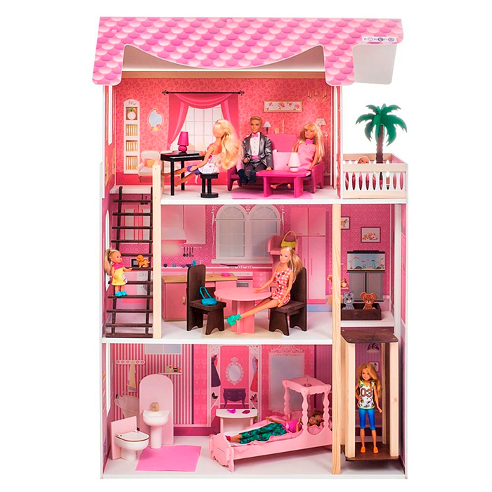 Деревянный дом кукольный Монте-Роза с мебелью 19 предметов в наборе,для кукол 30 см PD318-03
